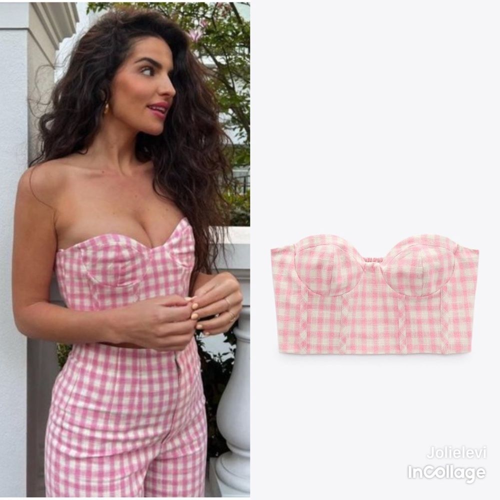 Zara Crop Tweed Pink Gingham Textured Bustier Size M